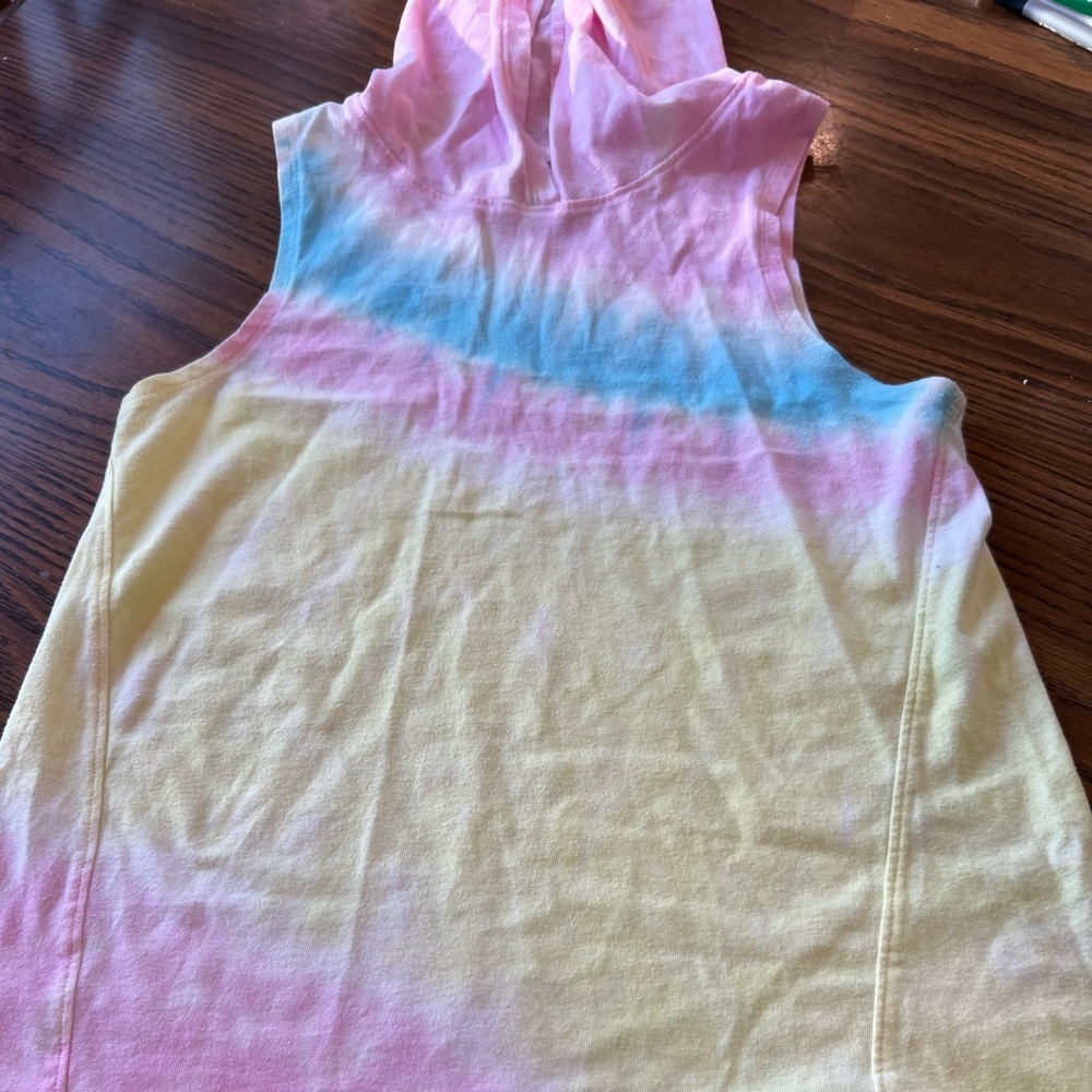 SO brand tie dyed swimsuit coverup, sleeveless with hood